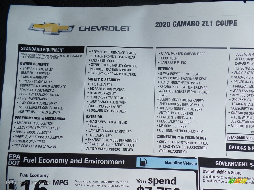 2020 Chevrolet Camaro ZL1 Coupe Window Sticker Photo #135987239