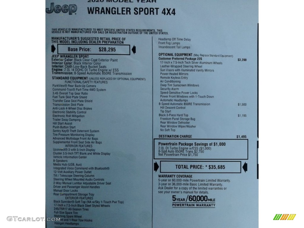 2020 Wrangler Sport 4x4 - Black / Black photo #28