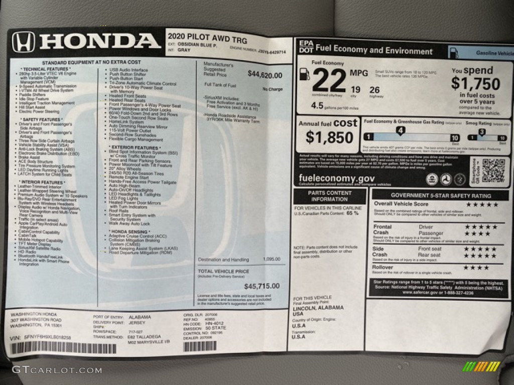2020 Honda Pilot Touring AWD Window Sticker Photo 135994832