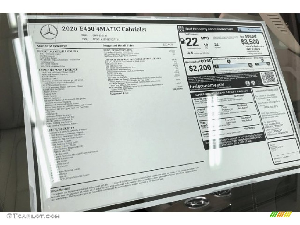 2020 Mercedes-Benz E 450 4Matic Cabriolet Window Sticker Photo #136001400