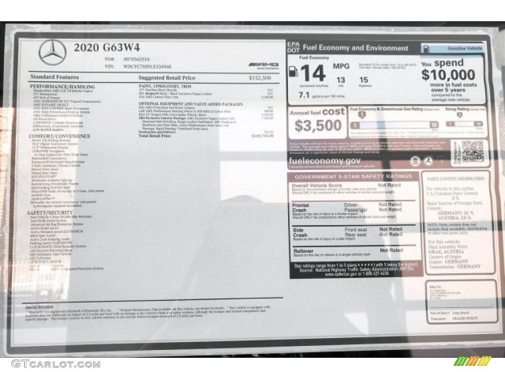 2020 Mercedes-Benz G 63 AMG Window Sticker Photo #136005380