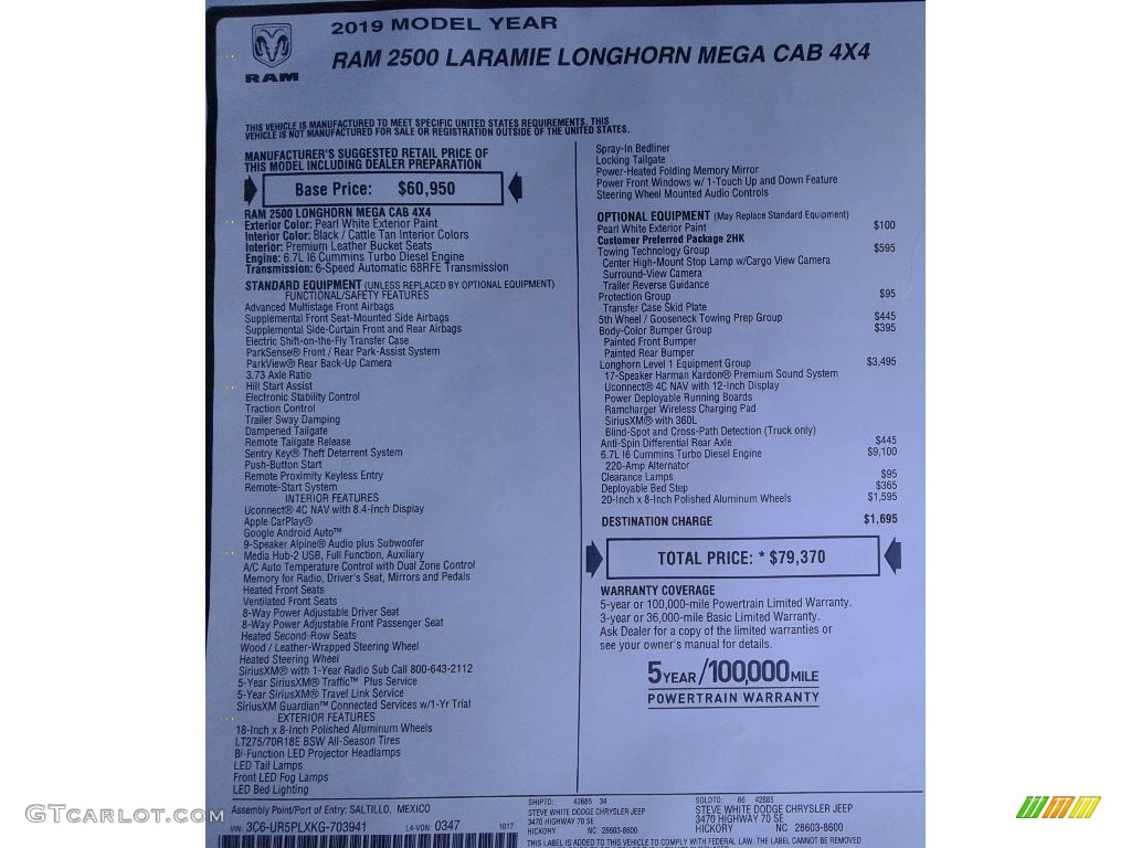 2019 Ram 2500 Laramie Longhorn Mega Cab 4x4 Window Sticker Photo #136017952