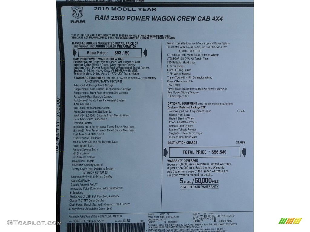 2019 Ram 2500 Power Wagon Crew Cab 4x4 Window Sticker Photos