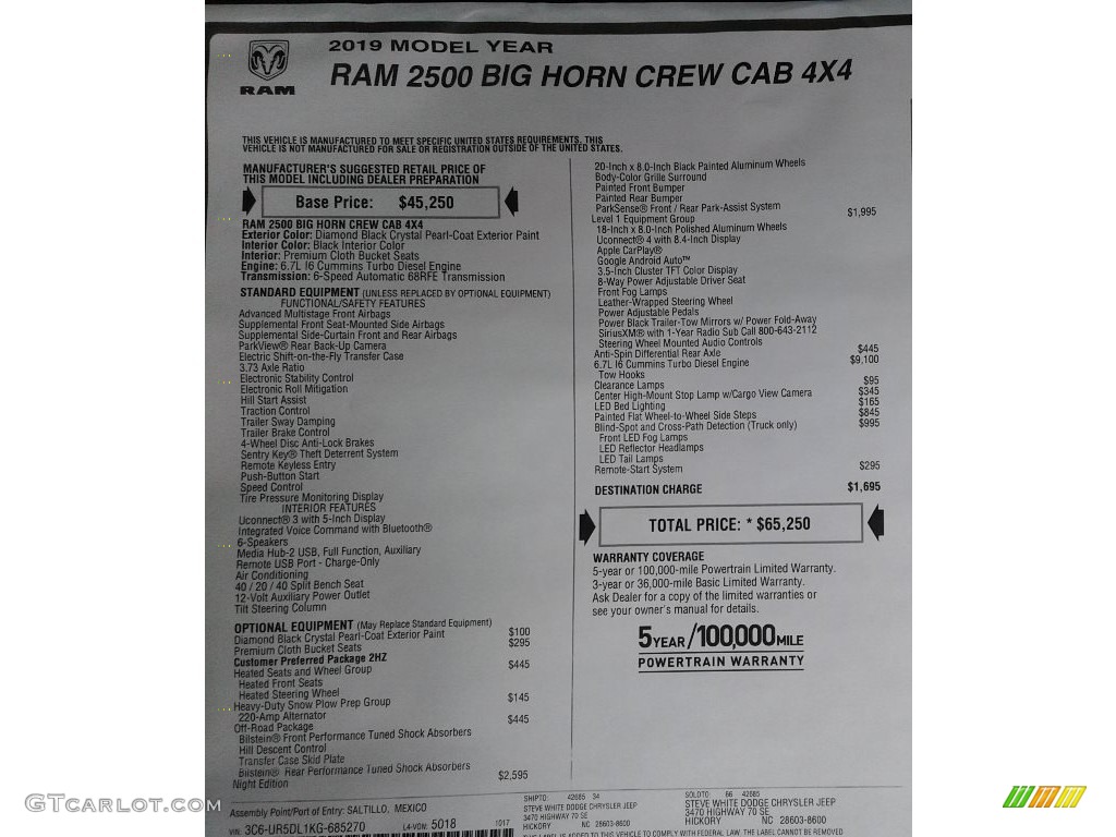 2019 Ram 2500 Bighorn Crew Cab 4x4 Window Sticker Photo #136038223