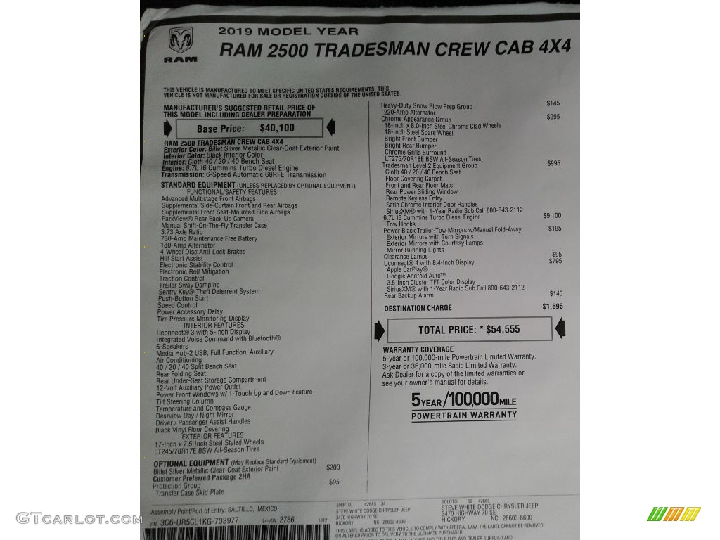 2019 Ram 2500 Tradesman Crew Cab 4x4 Window Sticker Photos