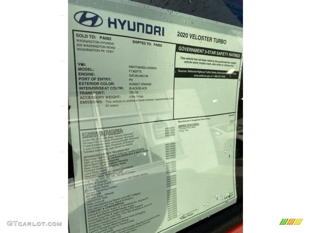 2020 Hyundai Veloster Turbo Window Sticker Photos