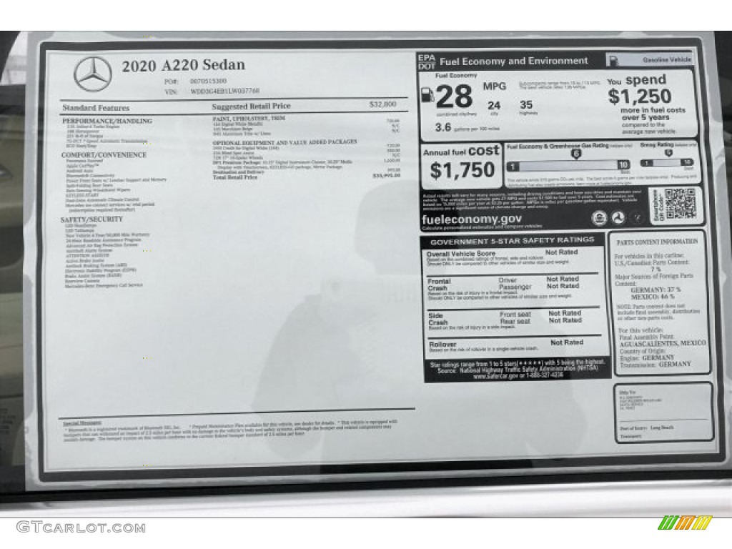 2020 Mercedes-Benz A 220 Sedan Window Sticker Photo #136097165