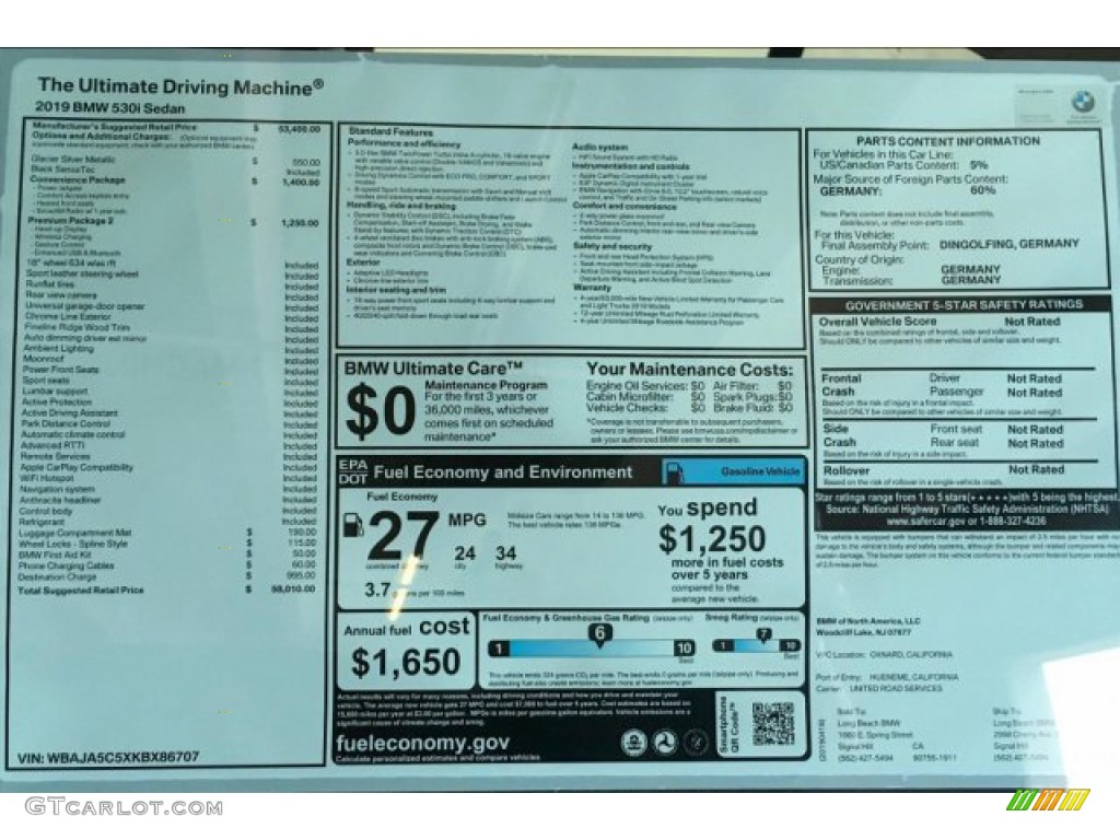 2019 BMW 5 Series 530i Sedan Window Sticker Photo #136115828