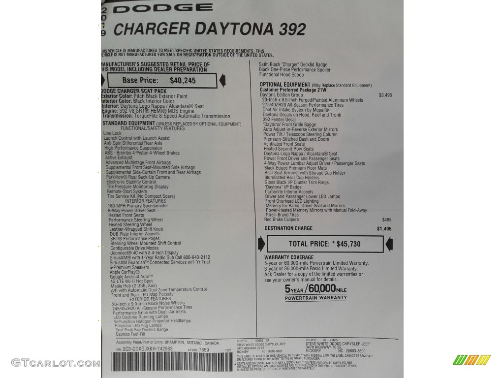 2019 Dodge Charger Daytona 392 Window Sticker Photo #136118753