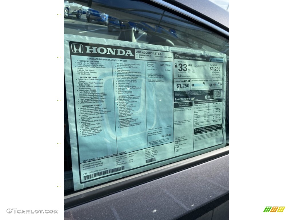 2020 Accord EX-L Sedan - Modern Steel Metallic / Black photo #15