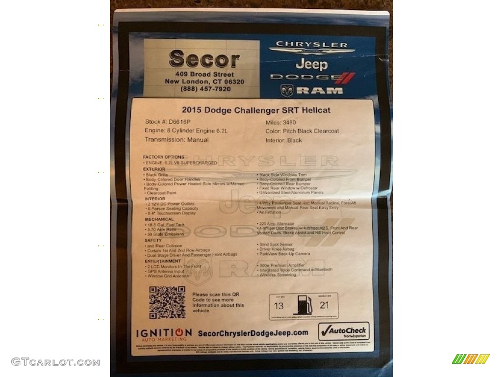 2015 Dodge Challenger SRT Hellcat Window Sticker Photo #136121825
