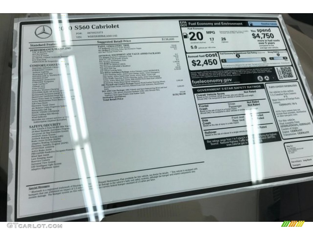 2020 Mercedes-Benz S 560 Cabriolet Window Sticker Photo #136132730