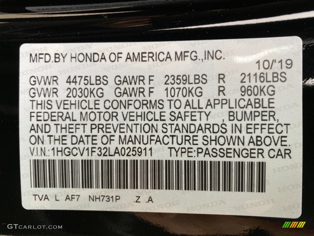 2020 Accord Color Code NH731P for Crystal Black Pearl Photo #136135580