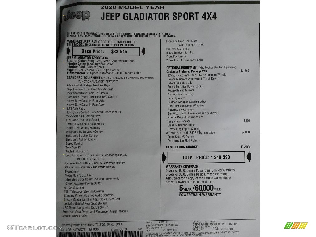 2020 Jeep Gladiator Sport 4x4 Window Sticker Photo #136135952