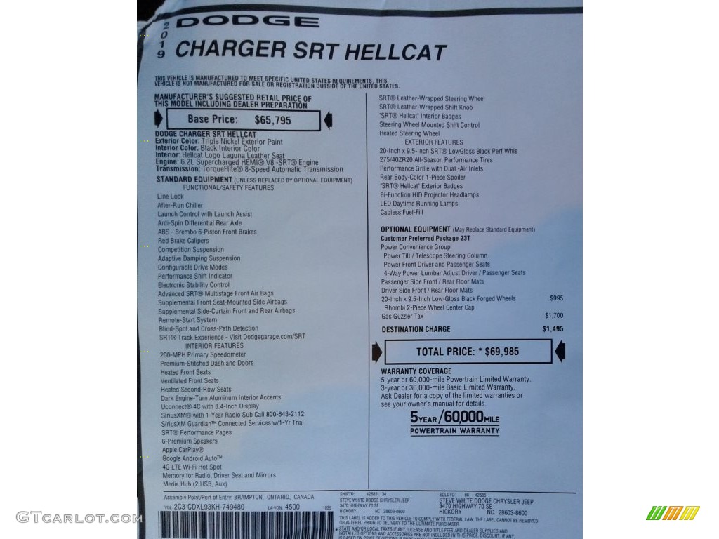 2019 Dodge Charger SRT Hellcat Window Sticker Photo #136151514