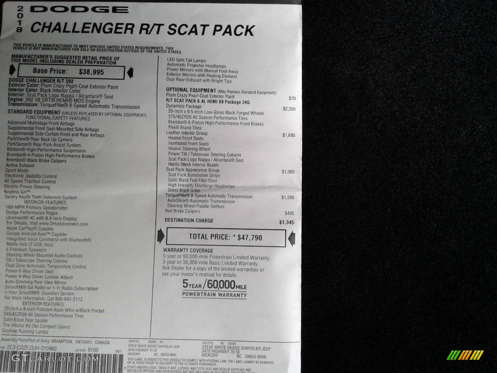 2018 Challenger R/T Scat Pack - Plum Crazy Pearl / Black photo #35