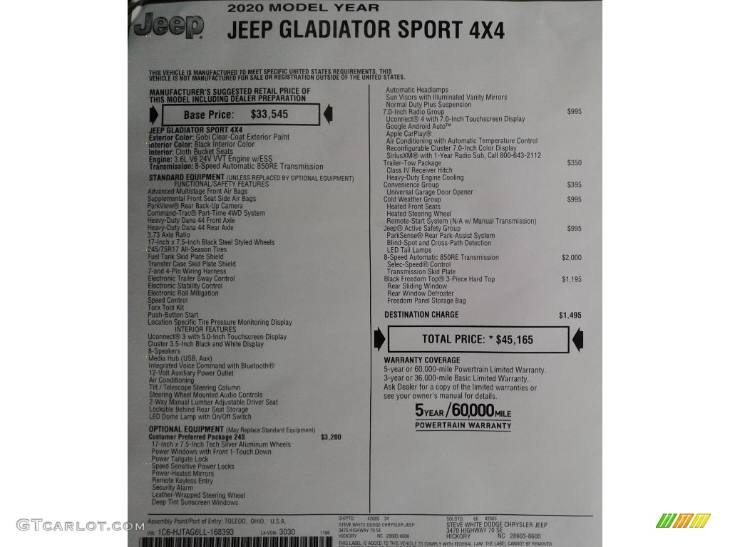 2020 Jeep Gladiator Sport 4x4 Window Sticker Photo #136182364