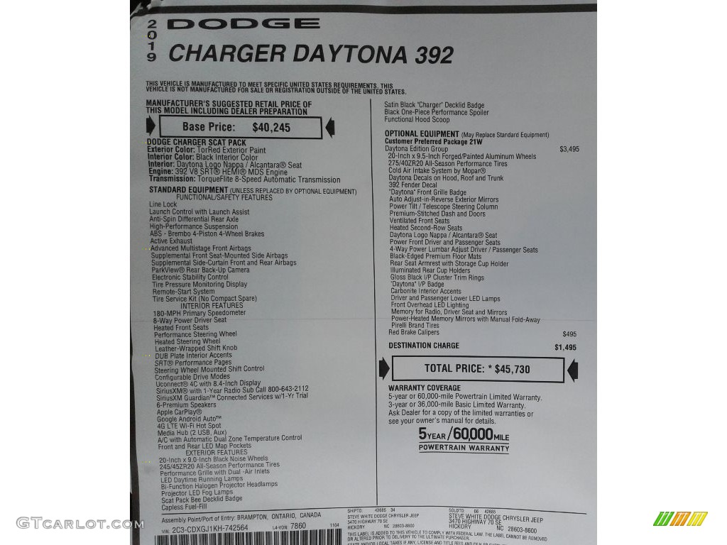 2019 Dodge Charger Daytona 392 Window Sticker Photos