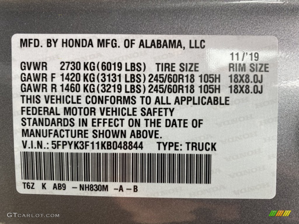 2019 Ridgeline Color Code NH830M for Lunar Silver Metallic Photo #136193178