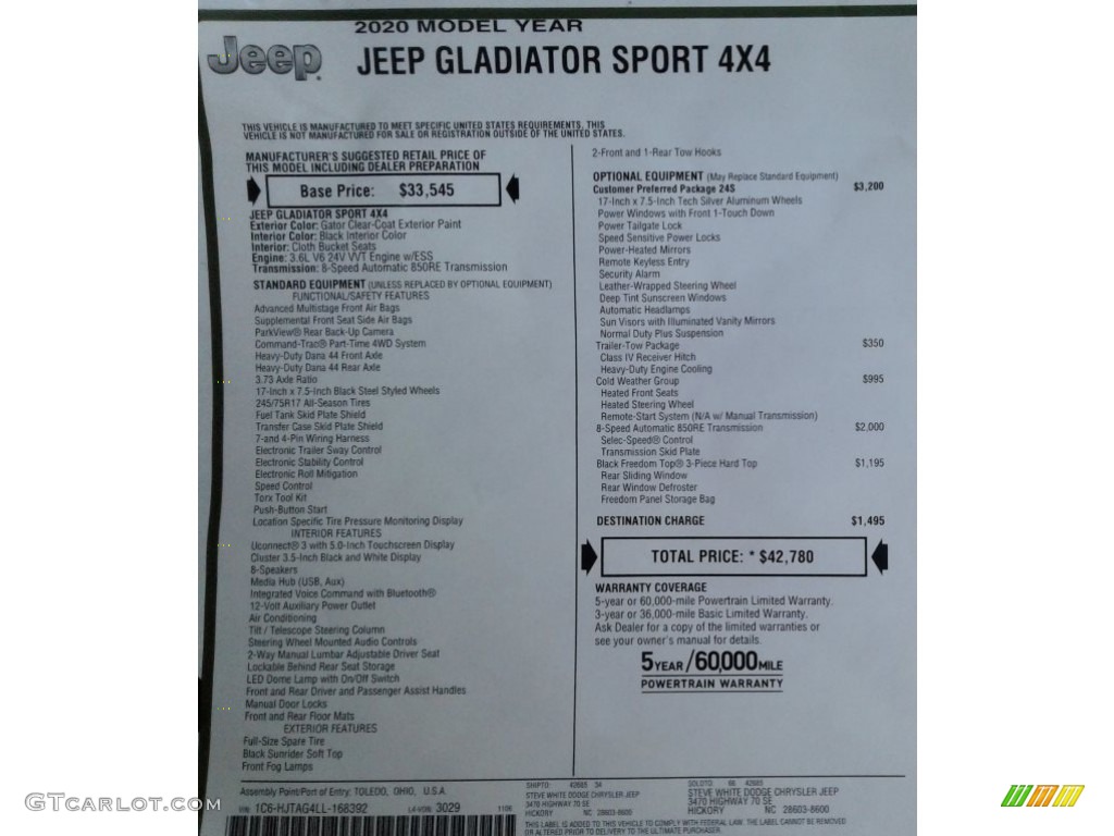 2020 Jeep Gladiator Sport 4x4 Window Sticker Photo #136230662