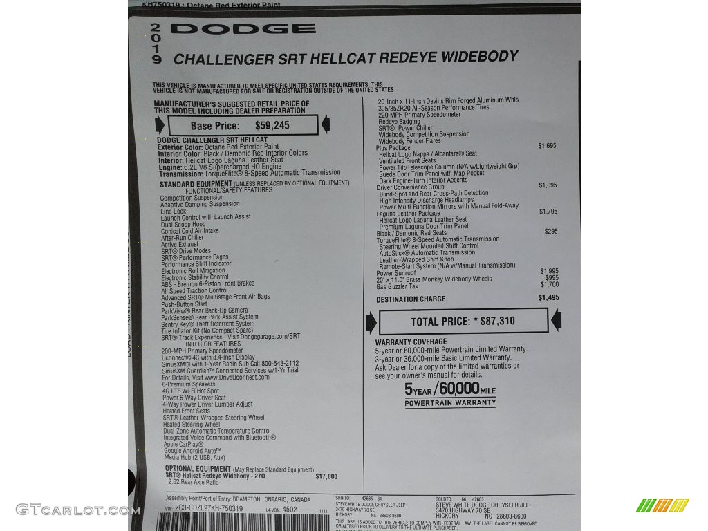 2019 Dodge Challenger SRT Hellcat Redeye Widebody Window Sticker Photo #136240133