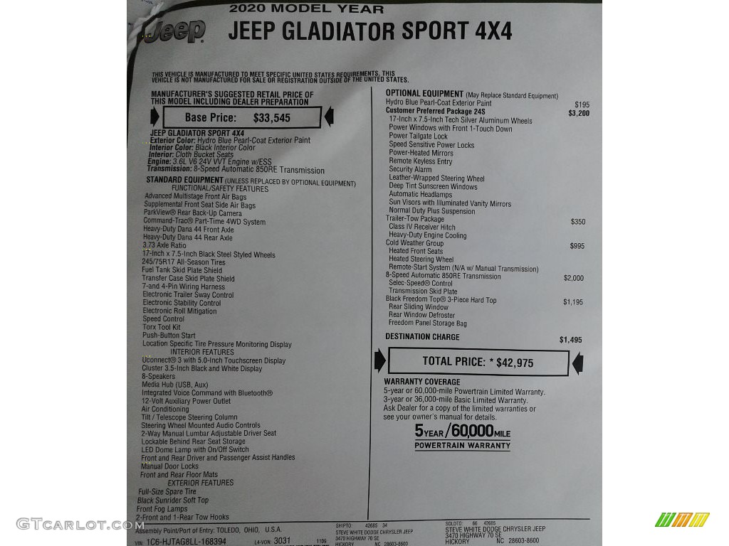 2020 Gladiator Sport 4x4 - Hydro Blue Pearl / Black photo #28