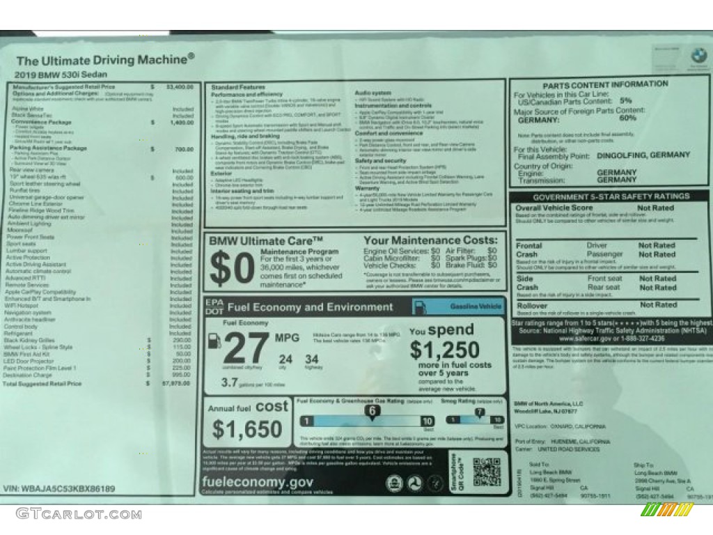 2019 BMW 5 Series 530i Sedan Window Sticker Photos