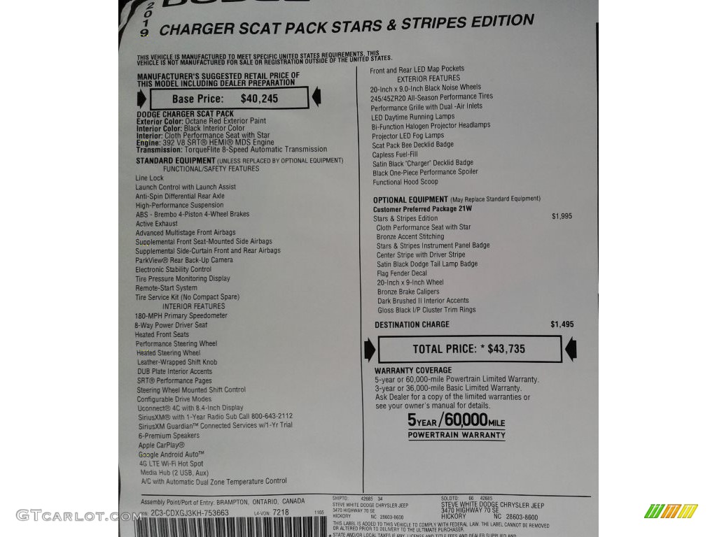 2019 Dodge Charger Scat Pack Stars & Stripes Edition Window Sticker Photos