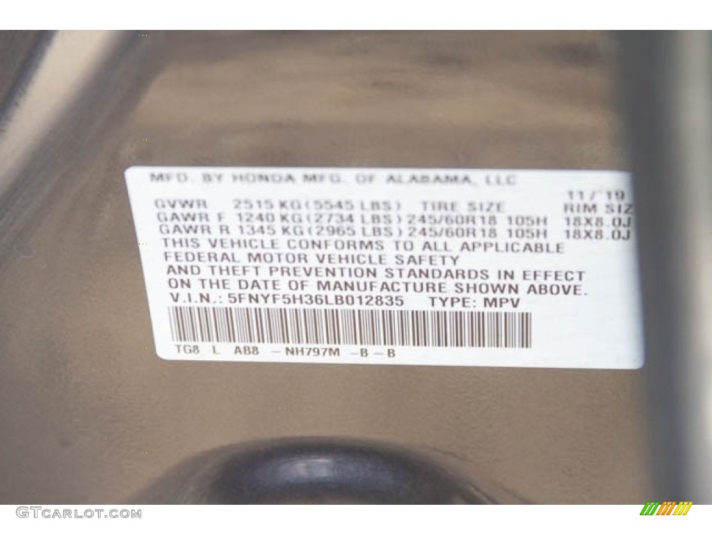 2020 Honda Pilot EX Color Code Photos