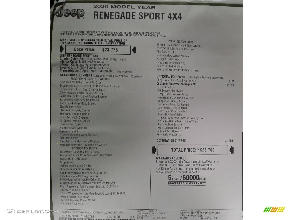 2020 Renegade Sport 4x4 - Sting-Gray / Black photo #29