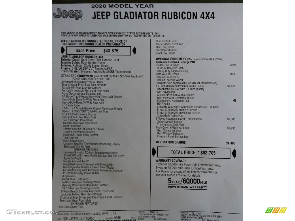 2020 Jeep Gladiator Rubicon 4x4 Window Sticker Photo #136282304