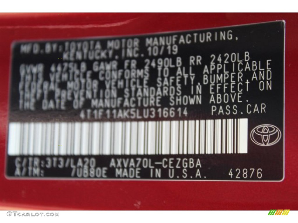 2020 Camry Color Code 3T3 for Ruby Flare Pearl Photo #136284635
