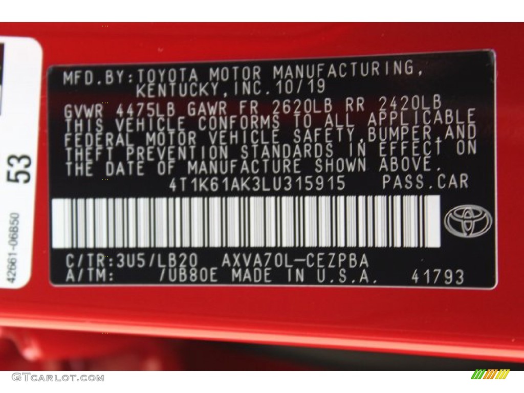 2020 Camry Color Code 3U5 for Supersonic Red Photo #136285025