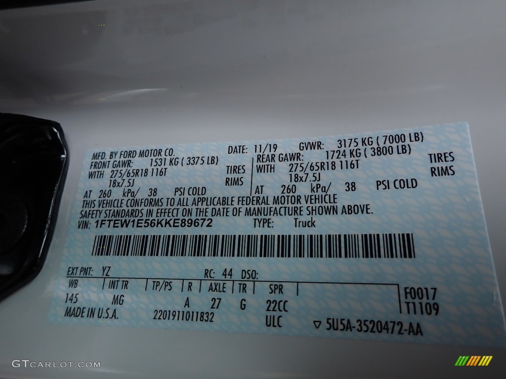 2019 F150 Color Code YZ for Oxford White Photo #136290594