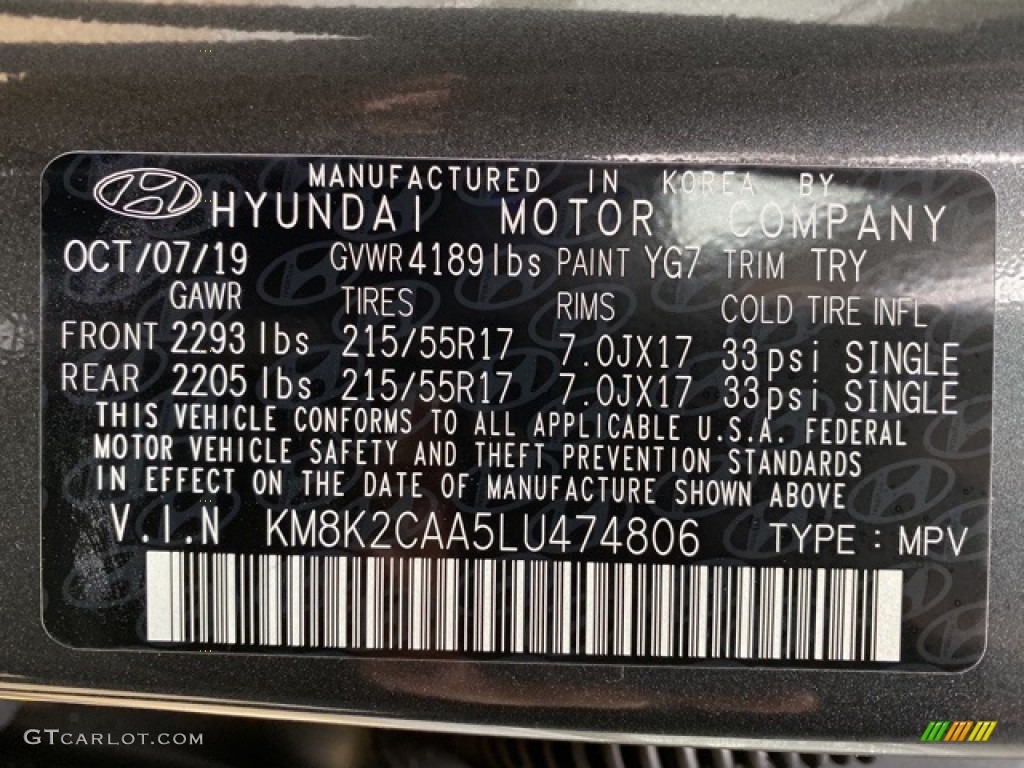2020 Kona Color Code YG7 for Thunder Gray Photo #136298579