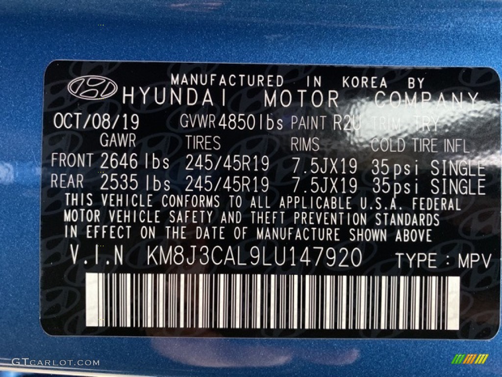 2020 Tucson Color Code R2U for Aqua Blue Photo #136299401