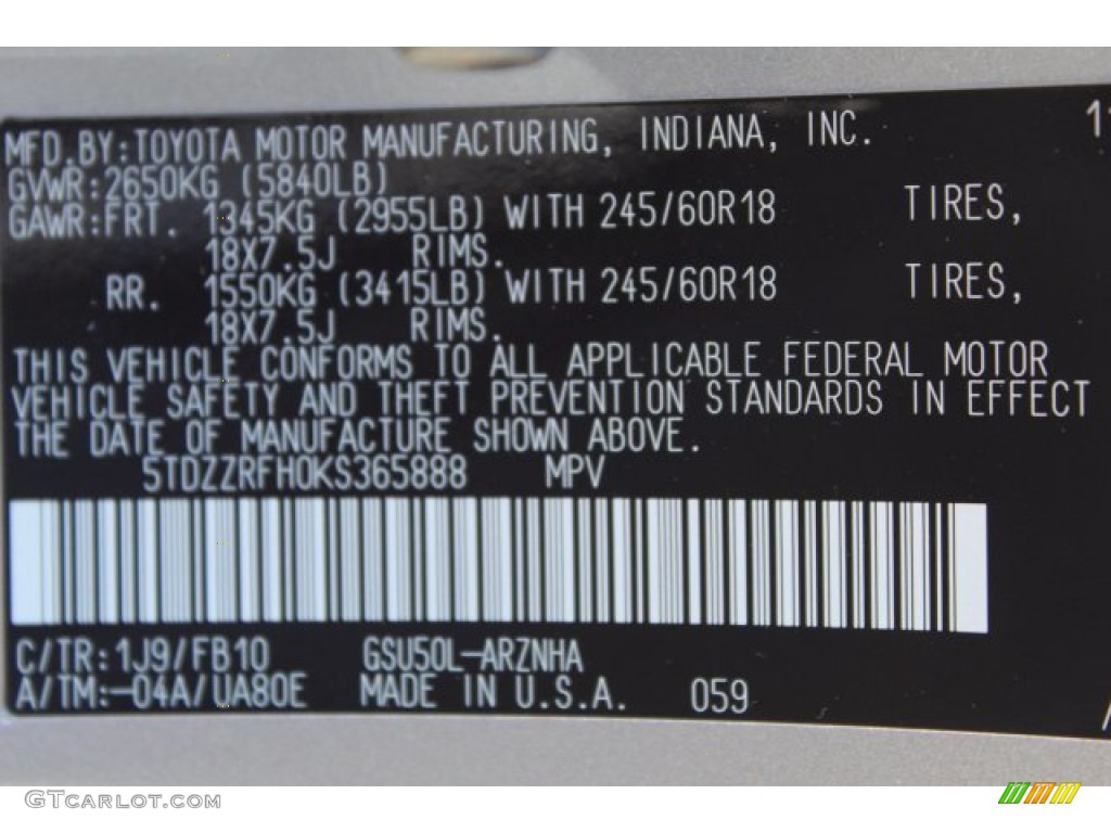 2019 Highlander Color Code 1J9 for Celestial Silver Metallic Photo #136309305