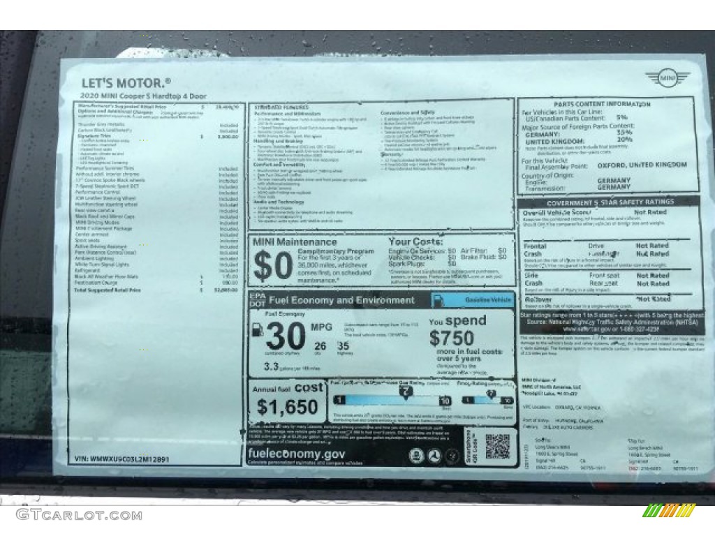 2020 Mini Hardtop Cooper S 4 Door Window Sticker Photos