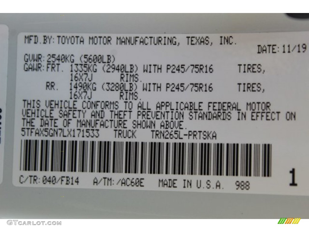 2020 Tacoma Color Code 040 for Super White Photo #136317756