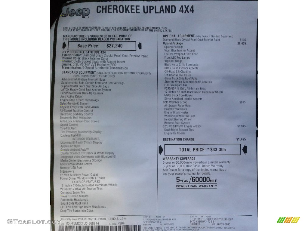 2020 Cherokee Upland 4x4 - Diamond Black Crystal Pearl / Black photo #32