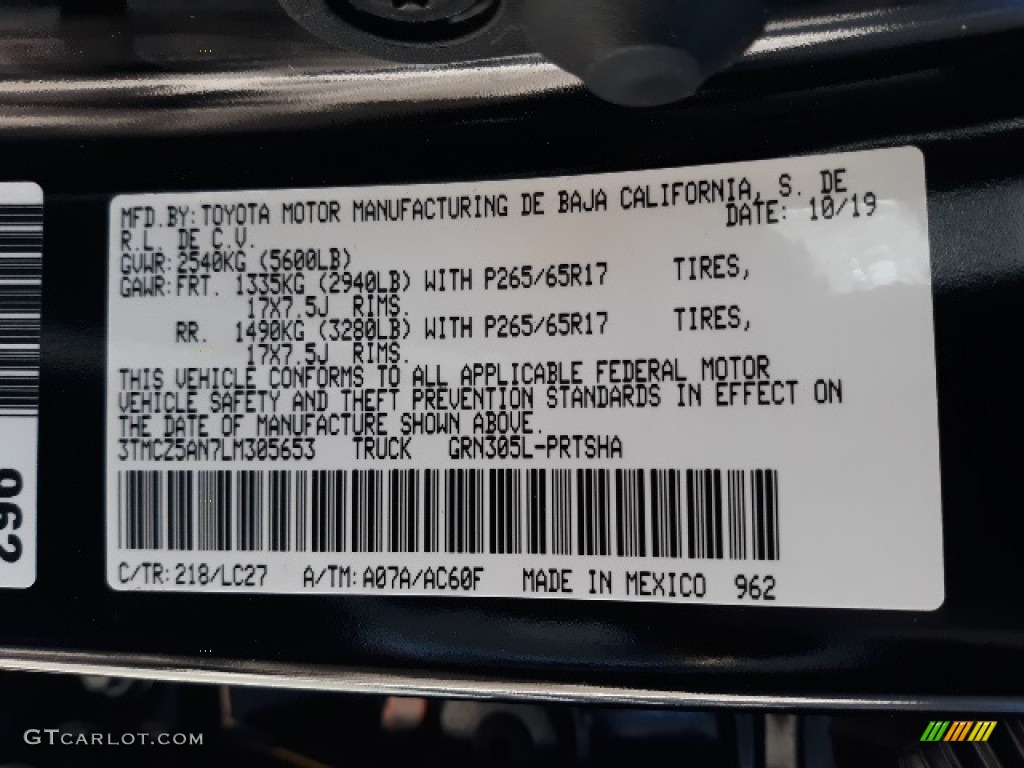 2020 Tacoma Color Code 218 for Midnight Black Metallic Photo #136344272