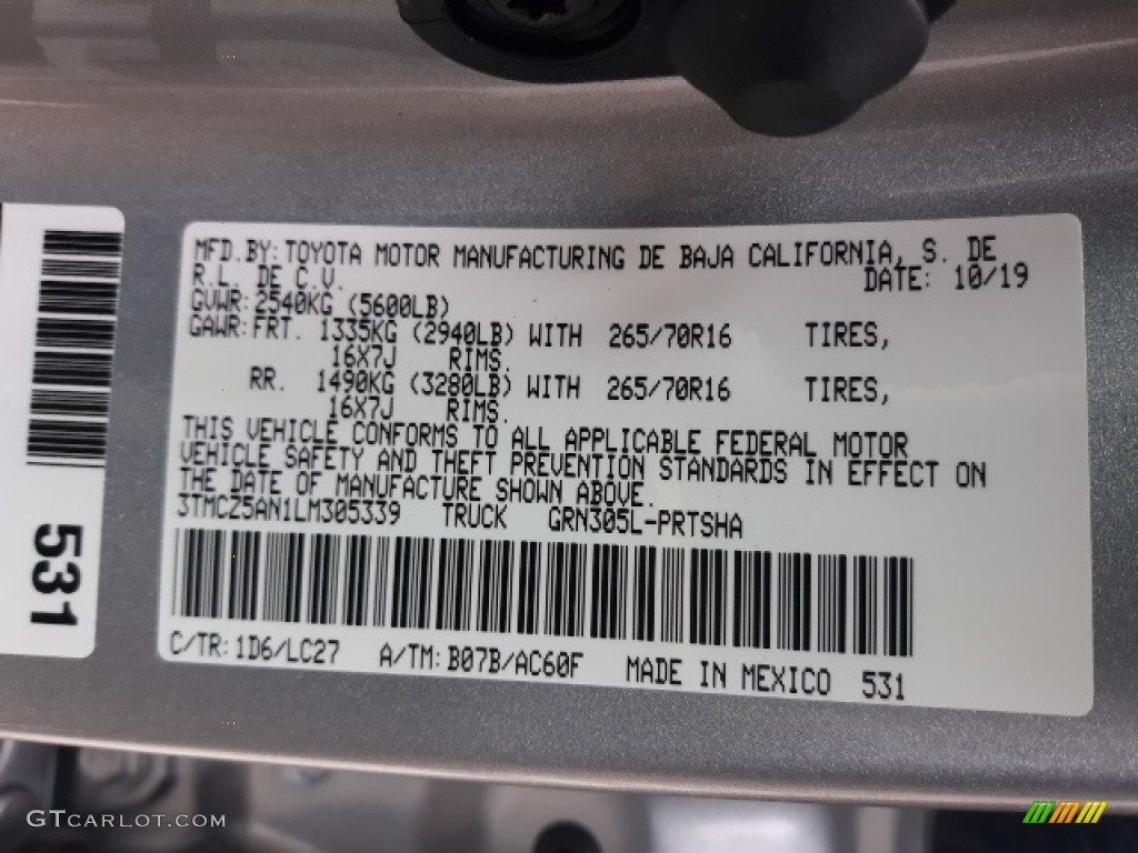 2020 Tacoma Color Code 1D6 for Silver Sky Metallic Photo #136344527