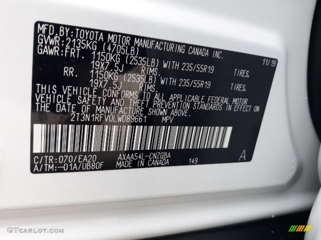 2020 RAV4 Color Code 070 for Blizzard White Pearl Photo #136345685