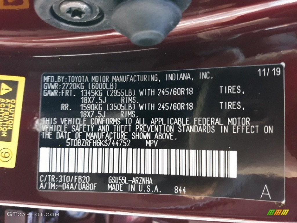 2019 Toyota Highlander LE AWD Color Code Photos