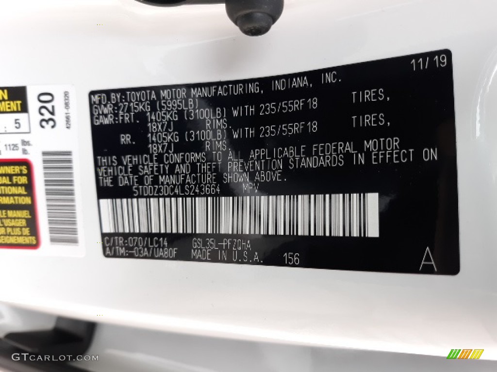 2020 Sienna Color Code 070 for Blizzard White Pearl Photo #136353050