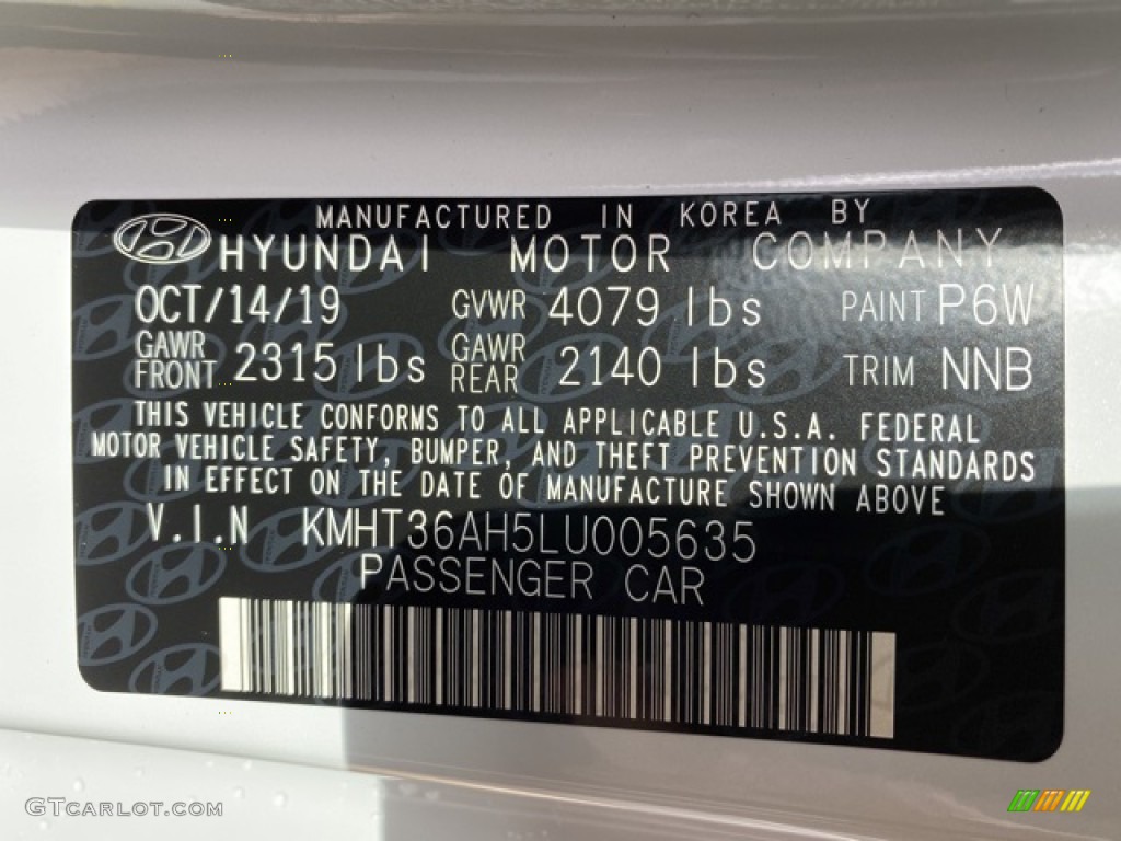 2020 Veloster Color Code P6W for Chalk White Photo #136361189