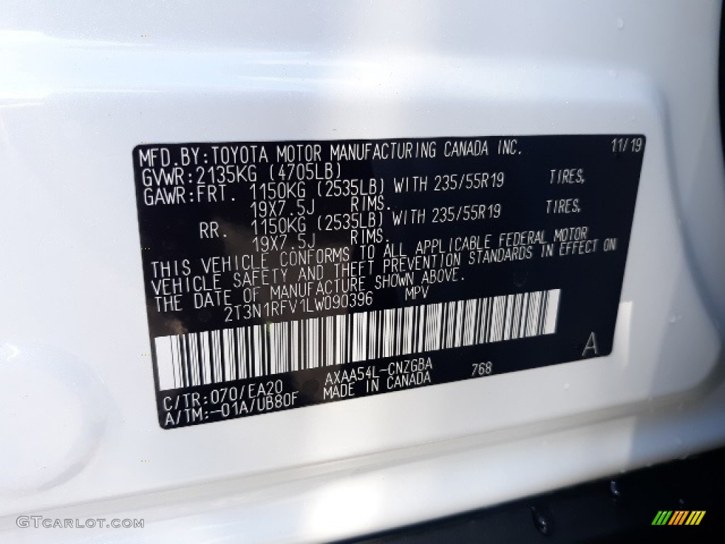 2020 RAV4 Color Code 070 for Blizzard White Pearl Photo #136364507