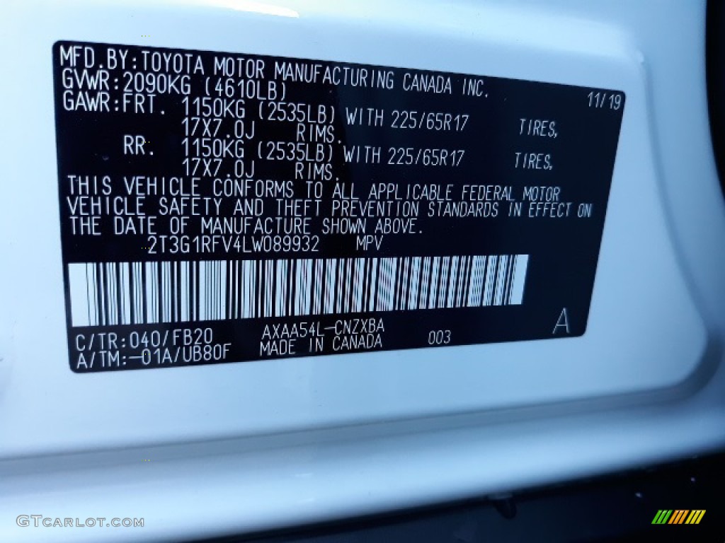 2020 RAV4 Color Code 040 for Super White Photo #136365004