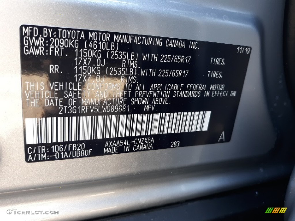 2020 RAV4 Color Code 1D6 for Silver Sky Metallic Photo #136365247