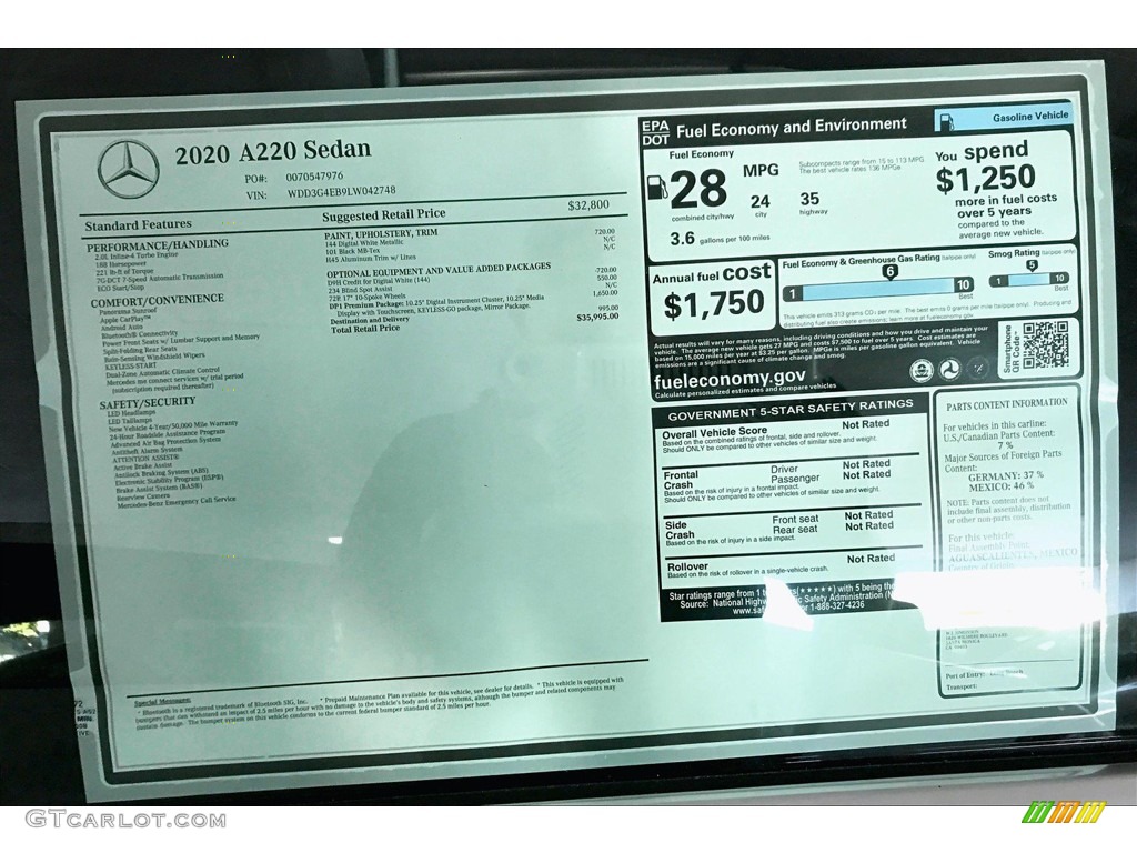 2020 Mercedes-Benz A 220 Sedan Window Sticker Photo #136385998